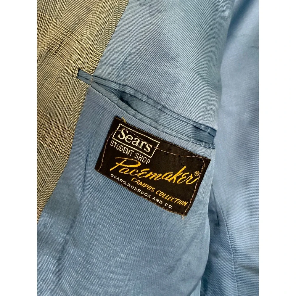 Vintage 60s Sears Pacemaker‎ Double Breasted Glen Plaid Blazer Grey Blue 36S